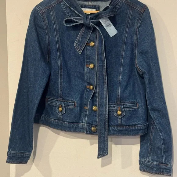 NWT LOFT Petite Large Denim Tie Neck Bow Jacket Gold Buttons Indigo Wash - Picture 3 of 6